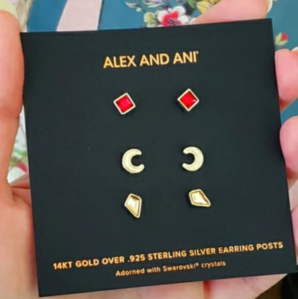 Alex And Ani Swarovski Scarlet & Moon Earring Set 3 Pairs